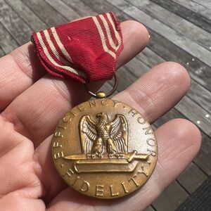 Vintage Bronze Medal ww2 Honor Integrity Pin with Red Ribbon
